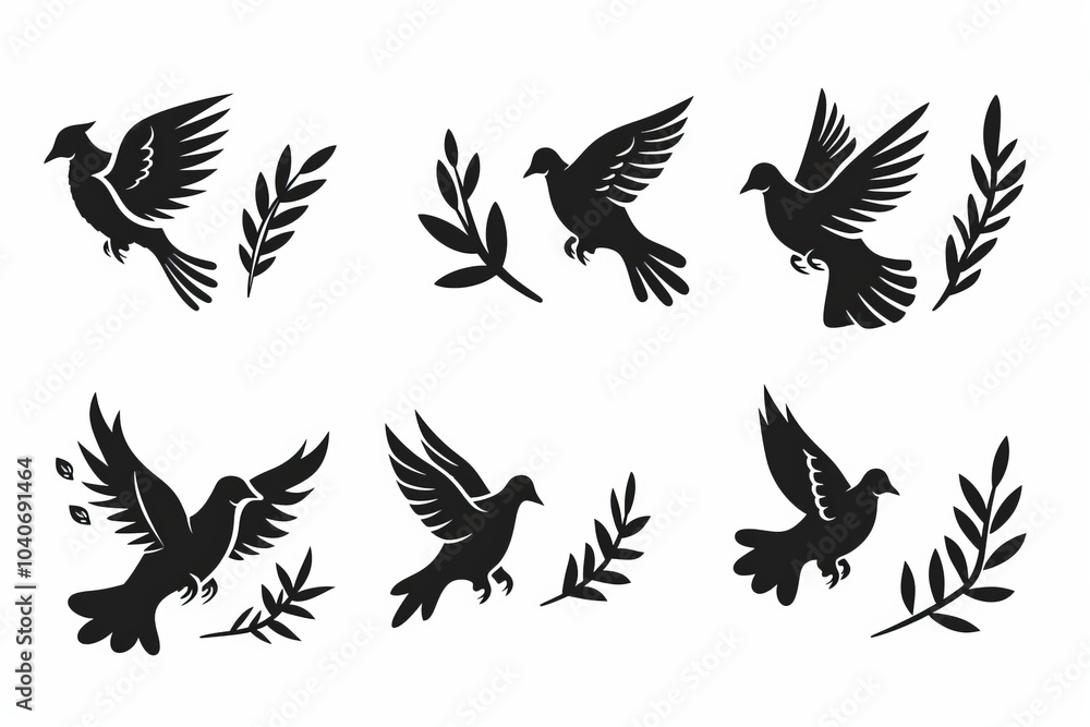 Fototapeta premium Peace dove graffiti, pigeons, twigs ink illustration. Flying birds silhouettes monochrome flat icons