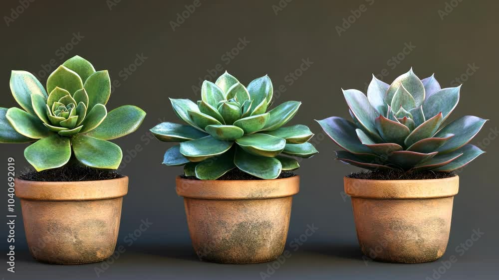 Three succulents in terracotta pots sit on a gray surface, their green and blue-green leaves arranged in a pleasing pattern Three succulents in terracotta pots sit on a gray surface, their green and blue-green leaves arranged in a pleasing pattern
