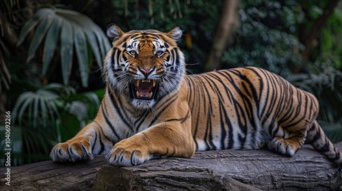 A majestic tiger roaring on a fallen tree trunk in the heart of the jungle, its powerful presence dominating the lush surroundings.