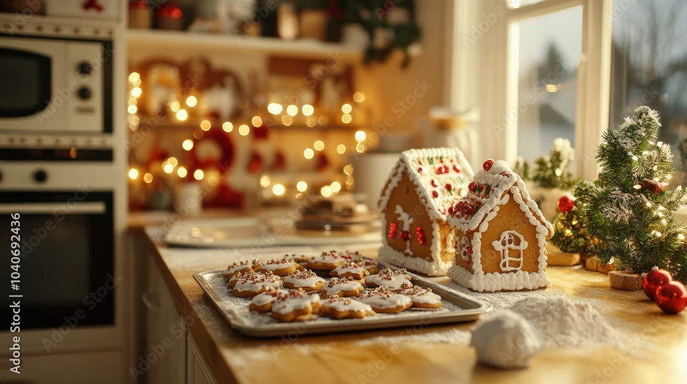 Decorated gingerbread houses and cookies alongside a Christmas tree, creating a warm holiday atmosphere. Decorated gingerbread houses and cookies alongside a Christmas tree, creating a warm holiday atmosphere.