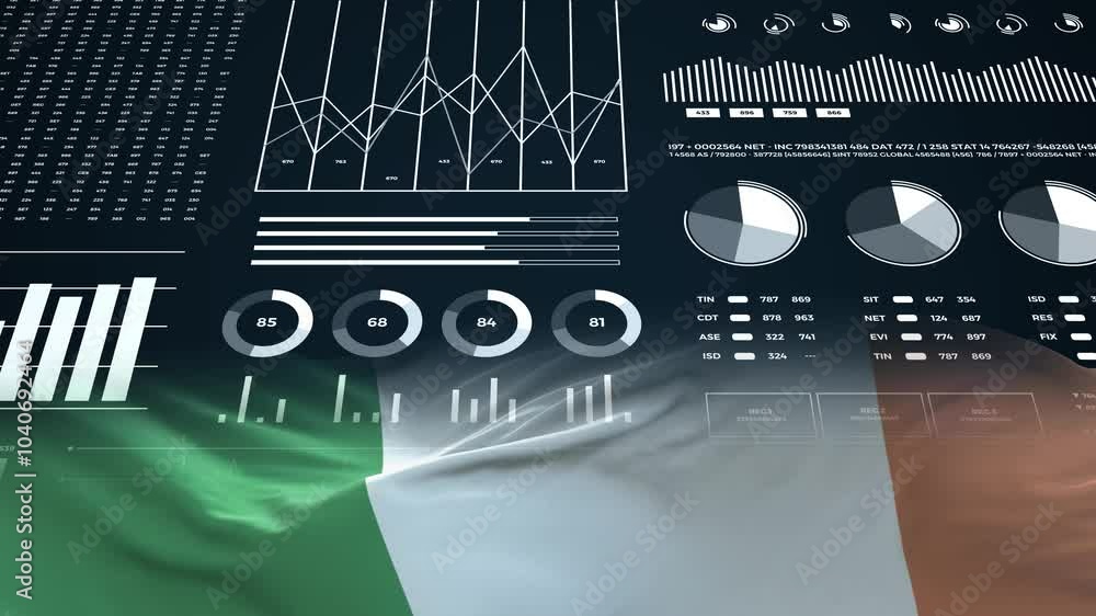 Ireland flag - Waving flag on report analytics data statement Ireland flag - Waving flag on report analytics data statement