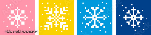Snowflake in pixel art. Minimalist winter season cards. Xmas elements. Mood of 90's. 8-bit retro style vector illustration. Geometric form. Christmas, New Year design. Bright modern shape for poster