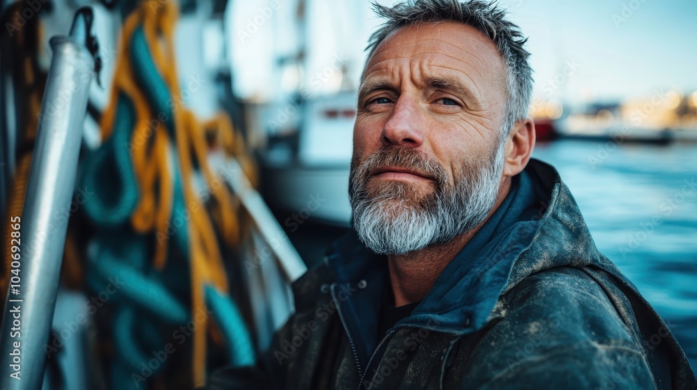 A seasoned mariner with gray hair and beard leans against the railing on a ship, surrounded by nautical ropes, exuding calm and experience at sea. A seasoned mariner with gray hair and beard leans against the railing on a ship, surrounded by nautical ropes, exuding calm and experience at sea.
