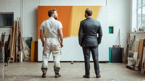 A painter in casual attire and a suited businessman contemplate a large abstract painting, highlighting the intersection of artistic creativity and business acumen. photo