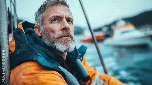 A mature sailor with a gray beard sits contemplatively on a boat wearing a bright orange waterproof jacket, surrounded by blurred boats on the sea.