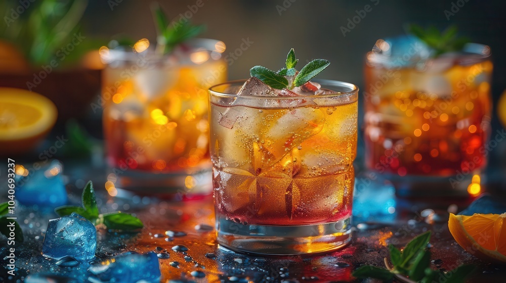 Craft cocktail garnishes, vibrant colors, closeup, cozy setting, inviting Craft cocktail garnishes, vibrant colors, closeup, cozy setting, inviting