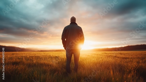 A solitary figure stands with hands in pockets, silhouetted against the stunning sunrise, reflecting a moment of introspection and peace in the vast open field.