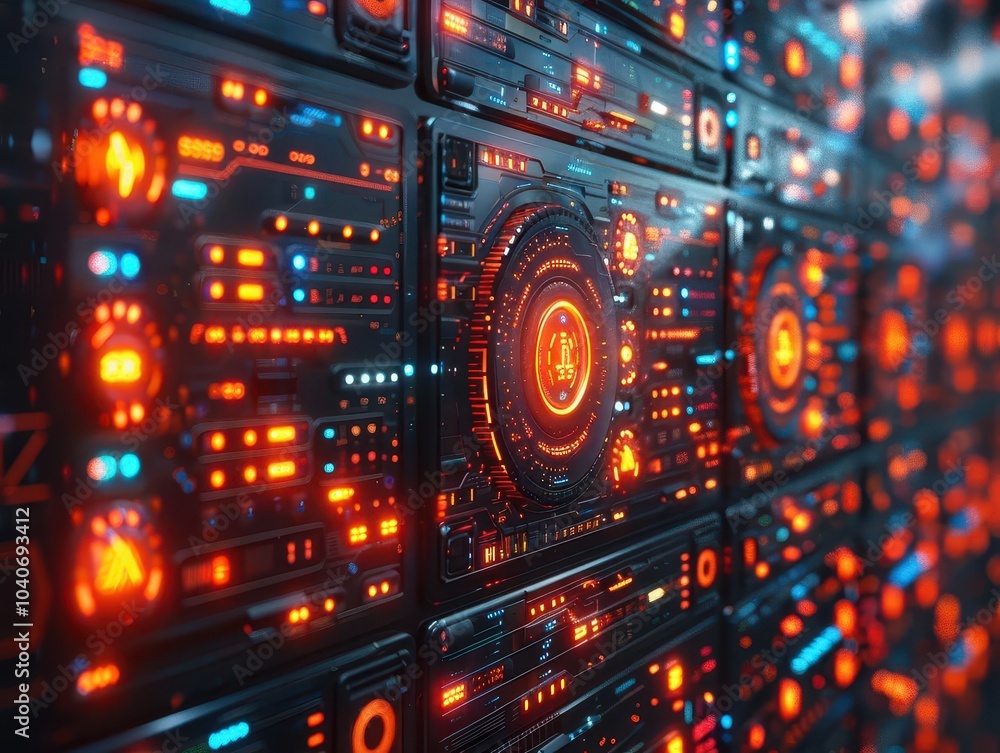 Obraz premium Cybersecurity firewall, vibrant colors, digital screens, tech setting, modern