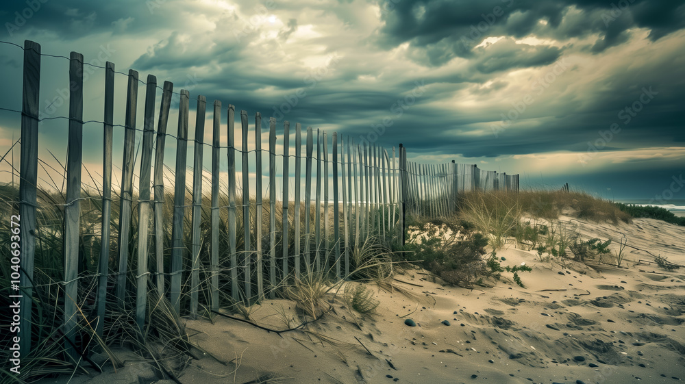 Stormy sky over beach with wooden fence and sand dunes