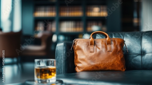 Wallpaper Mural A stylish brown leather bag rests on a dark leather couch, accompanied by a glass of whiskey, set against a backdrop of blurred bookshelves in a cozy setting. Torontodigital.ca