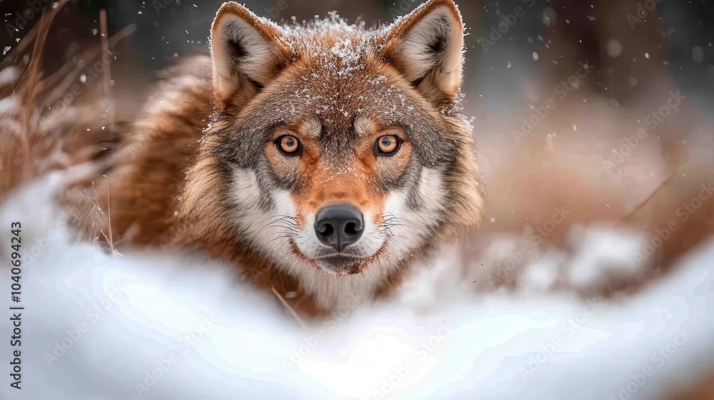 A lone wolf, standing in a snowy landscape, stares intently at the viewer, showcasing its captivating eyes and thick winter coat. Snowflakes gently fall around. A lone wolf, standing in a snowy landscape, stares intently at the viewer, showcasing its captivating eyes and thick winter coat. Snowflakes gently fall around.
