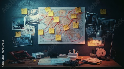 Detective's desk with map, photos, and evidence. Investigation and mystery concept for design and poster.