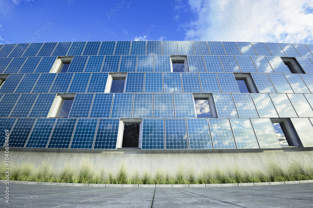 Modern facade with solar panels and reflective glass design