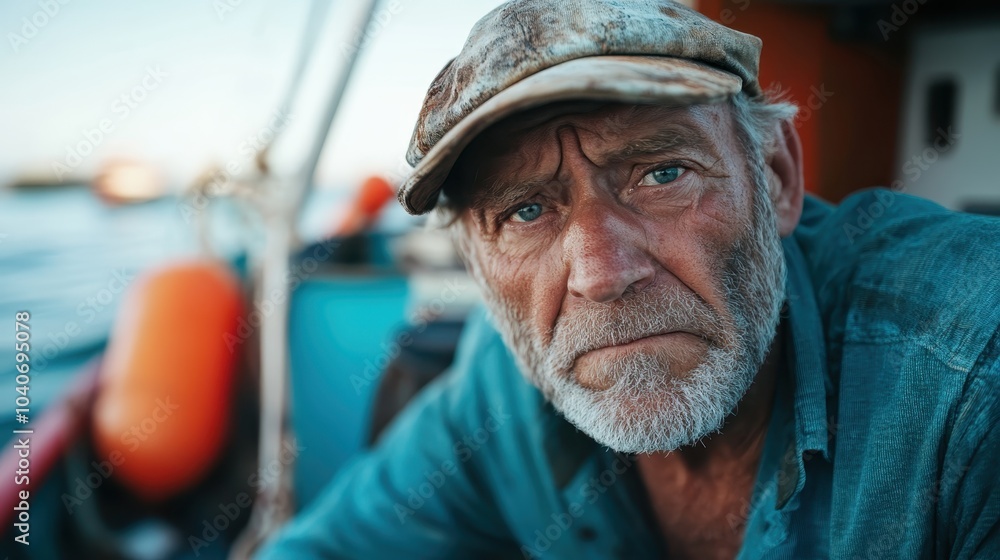 An elderly man with a rugged appearance gazes pensively while seated on a serene boat deck. The background shows calm waters, suggesting reflection and peace. An elderly man with a rugged appearance gazes pensively while seated on a serene boat deck. The background shows calm waters, suggesting reflection and peace.