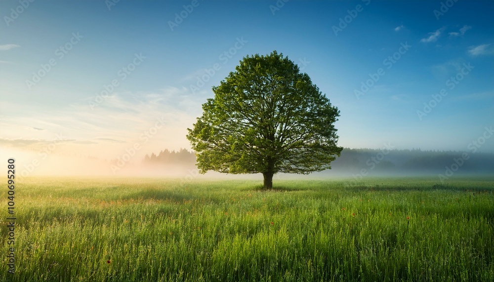 Obraz premium Single tree in a foggy field