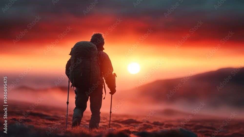 A lone hiker with a backpack navigates the terrain with trekking poles, silhouetted against a stunning, colorful sunset, symbolizing adventure and exploration. A lone hiker with a backpack navigates the terrain with trekking poles, silhouetted against a stunning, colorful sunset, symbolizing adventure and exploration.