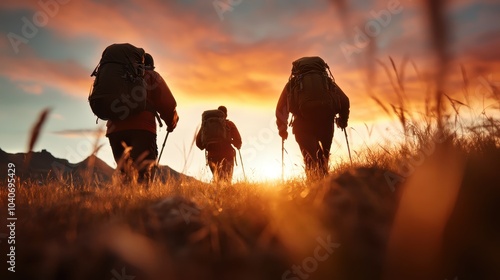 Three backpackers trek across an open field, silhouetted against a dramatic orange sunset, capturing the essence of adventure, exploration, and life's journey. photo