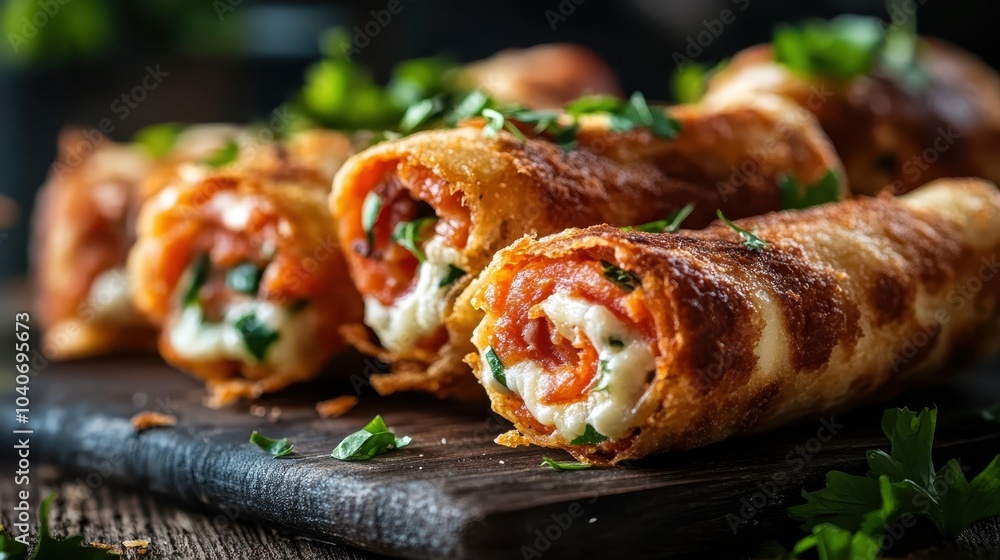 Four golden, crispy rolls on a platter, filled with rich cheese and topped with fresh parsley, offering a delightful treat and culinary experience for the senses. Four golden, crispy rolls on a platter, filled with rich cheese and topped with fresh parsley, offering a delightful treat and culinary experience for the senses.