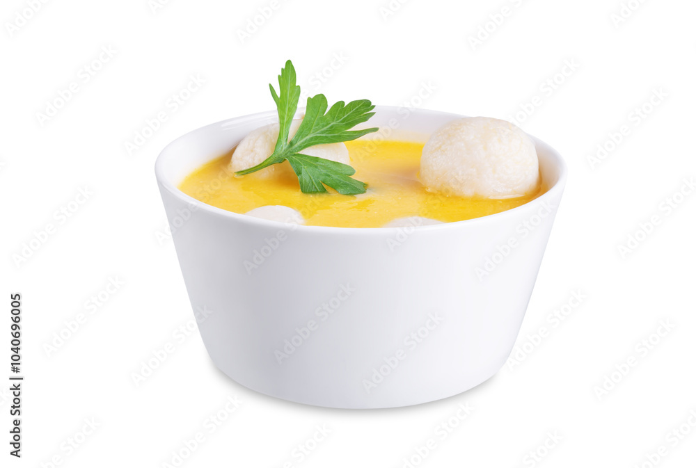 Pumpkin porridge, Hobakjuk in a bowl with rice balls on a white isolated background Pumpkin porridge, Hobakjuk in a bowl with rice balls on a white isolated background