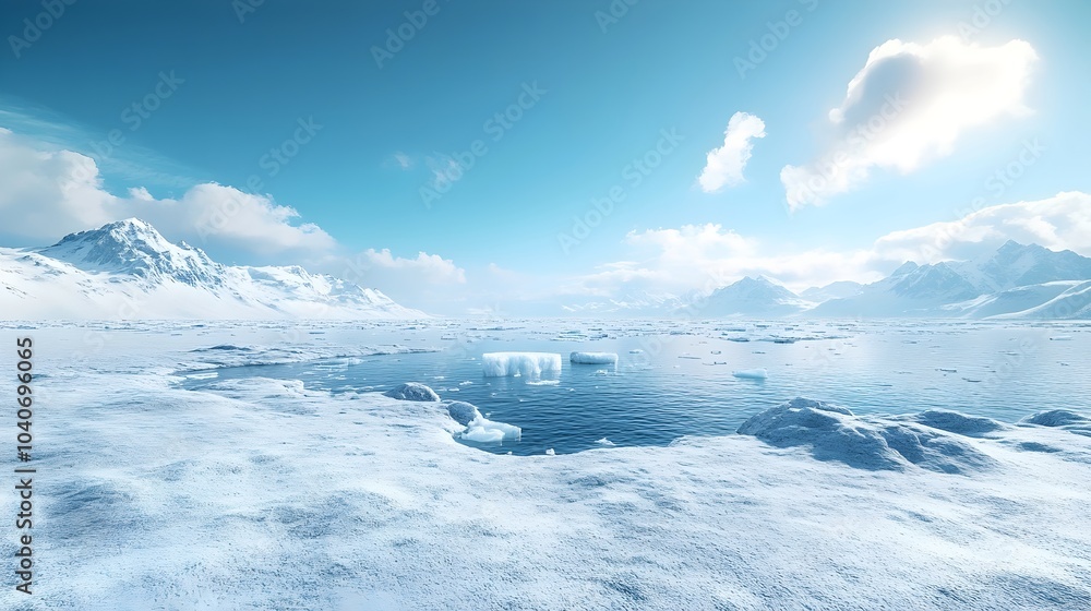A serene Arctic landscape with icebergs floating on a calm sea under a clear blue sky, surrounded by snow-covered mountains. A serene Arctic landscape with icebergs floating on a calm sea under a clear blue sky, surrounded by snow-covered mountains.