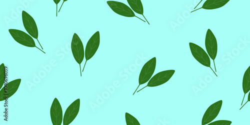 Fresh spinach leaves on blue background, seamless pattern, vector