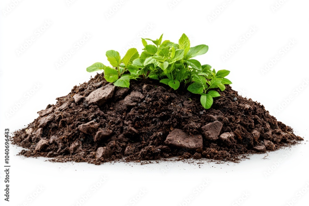 Fresh green plants growing from a mound of rich, dark soil on a white isolated background. Fresh green plants growing from a mound of rich, dark soil on a white isolated background.