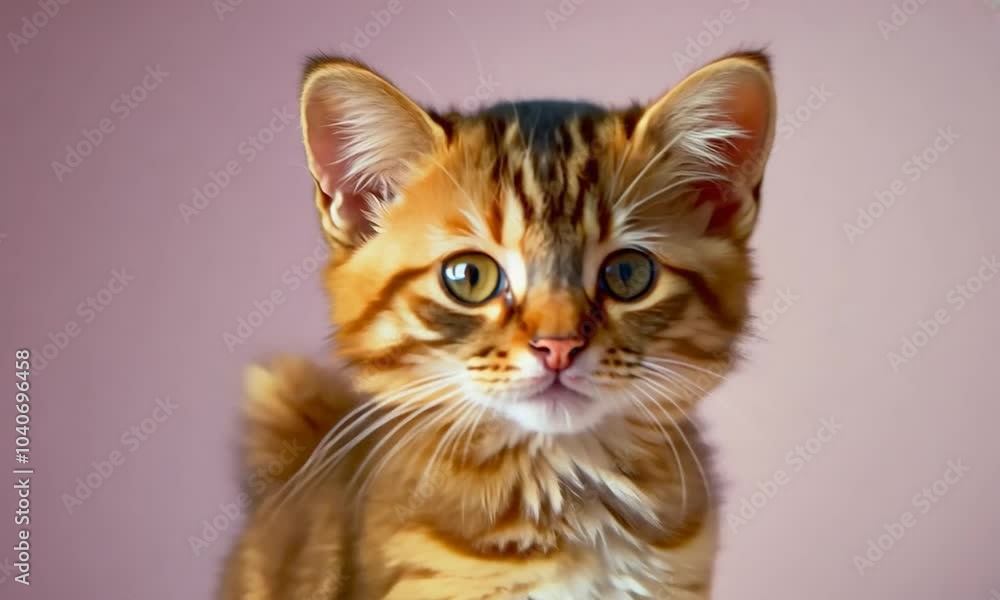 Close-up video of a cute tabby kitten with big, green eyes looking directly at the camera. The kitten is soft and fluffy, with a light pink nose. Close-up video of a cute tabby kitten with big, green eyes looking directly at the camera. The kitten is soft and fluffy, with a light pink nose.