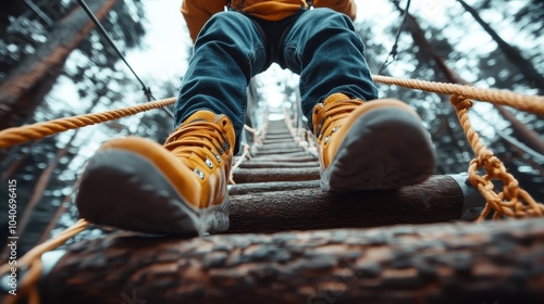 A dynamic perspective view of someone taking bold steps on a rope bridge amidst towering trees in a forest, symbolizing adventure, courage, and exploration.