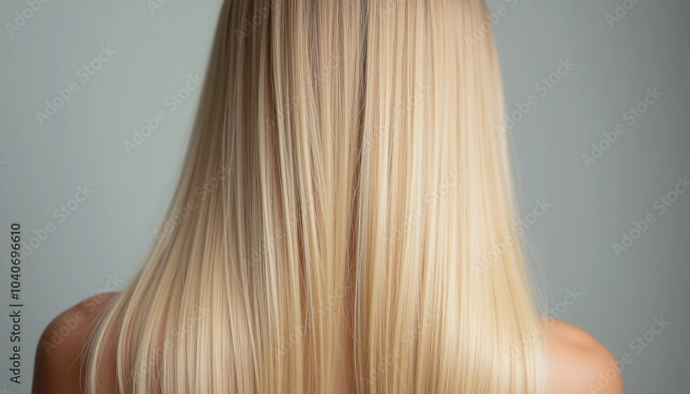 Smooth, straight blond hair flows elegantly down back, highlighting its healthy shine and uniform color, illuminated by soft lighting, creating striking look. Hair care, the effect of cosmetics. AI Smooth, straight blond hair flows elegantly down back, highlighting its healthy shine and uniform color, illuminated by soft lighting, creating striking look. Hair care, the effect of cosmetics. AI
