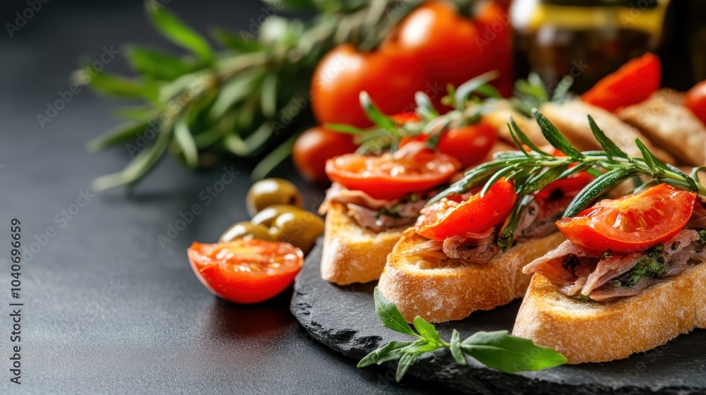 Crusty slices of baguette topped with rosemary, cherry tomatoes, and olives, reflecting a savory Italian treat perfect for gatherings. Crusty slices of baguette topped with rosemary, cherry tomatoes, and olives, reflecting a savory Italian treat perfect for gatherings.