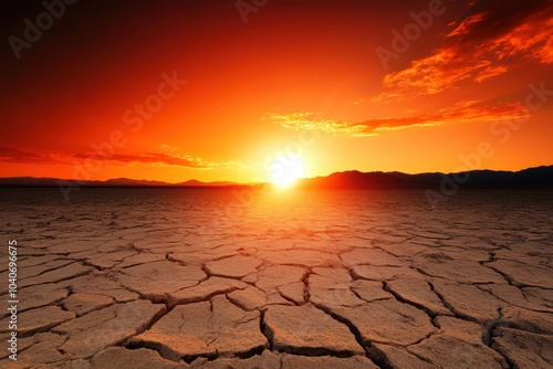 Breathtaking sunset over cracked desert landscape. Environmental and climate change concept