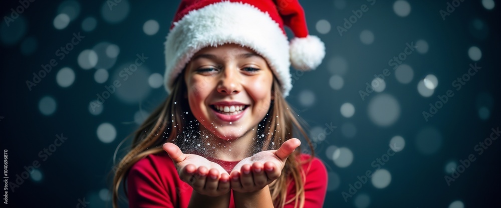 A cheerful young girl in a Santa hat joyfully catches snowflakes in her hands against a dark background, embodying the magic and wonder of the holiday season.
A cheerful young girl in a Santa hat joyfully catches snowflakes in her hands against a dark background, embodying the magic and wonder of the holiday season.