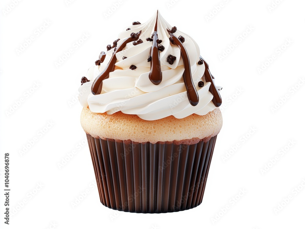 Delicious chocolate cupcake with creamy frosting and chocolate drizzle, isolated background. Delicious chocolate cupcake with creamy frosting and chocolate drizzle, isolated background.