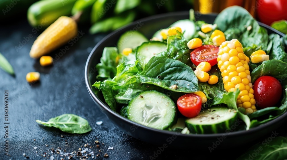 A wholesome salad packed with spinach, cucumber, tomatoes, and corn, beautifully arranged to highlight its freshness and appeal, suitable for health-conscious diets. A wholesome salad packed with spinach, cucumber, tomatoes, and corn, beautifully arranged to highlight its freshness and appeal, suitable for health-conscious diets.