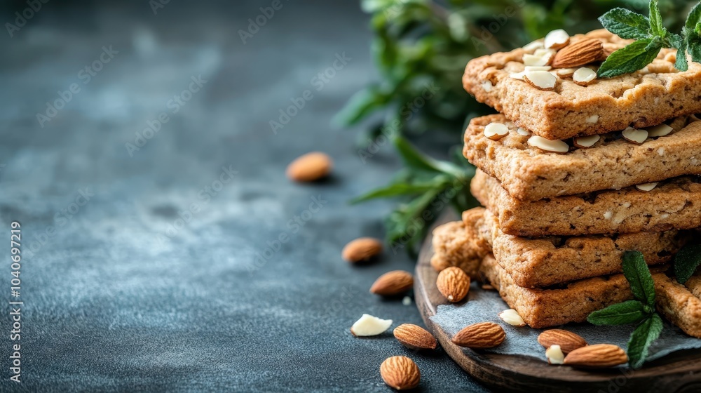 A stack of golden brown almond shortbread is captured in a rustic outdoor setting, showcasing an appetizing combination of crunchy texture and warm tones. A stack of golden brown almond shortbread is captured in a rustic outdoor setting, showcasing an appetizing combination of crunchy texture and warm tones.