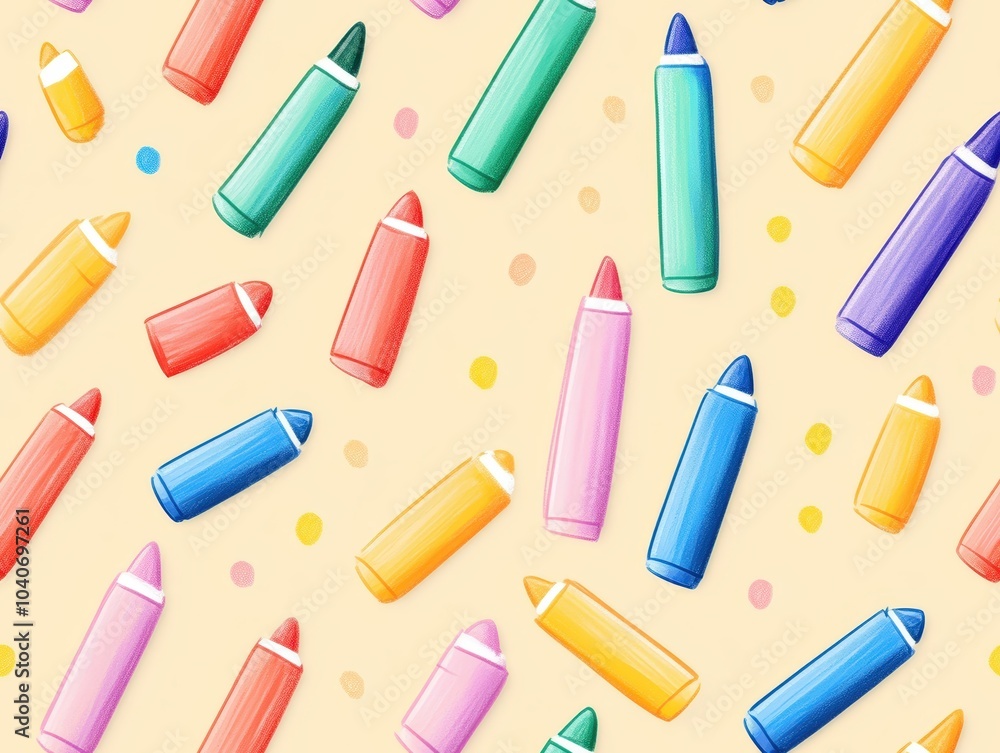 Colorful crayon illustrations on a light background with playful dots. Colorful crayon illustrations on a light background with playful dots.