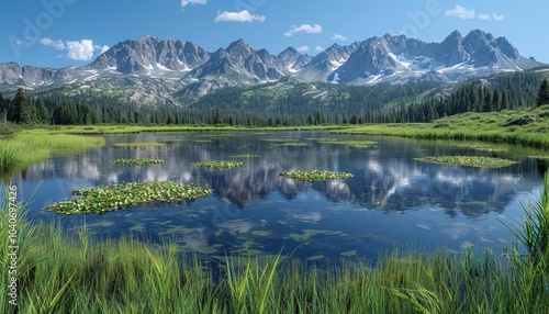 Scenic Mountain Lake with Pine Trees and Clear Sky 