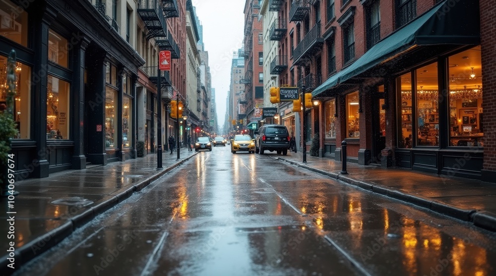 A bustling city street after rain, showcasing the slick, reflective surface of the pavement and the gritty texture of the surroundings. A bustling city street after rain, showcasing the slick, reflective surface of the pavement and the gritty texture of the surroundings.