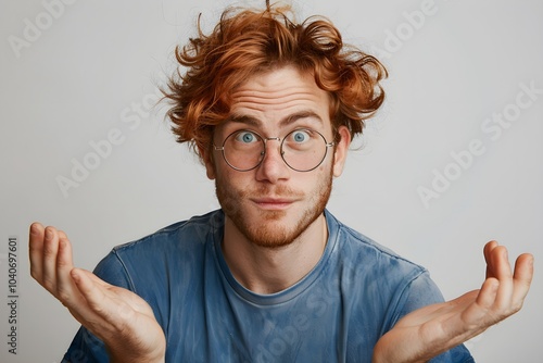 A man with red hair and glasses making a face