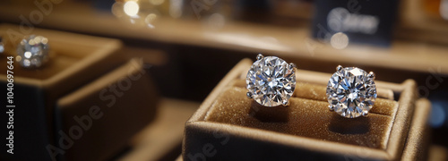 A pair of large round cut diamond earrings in jewelry store case display banner with room for text at left