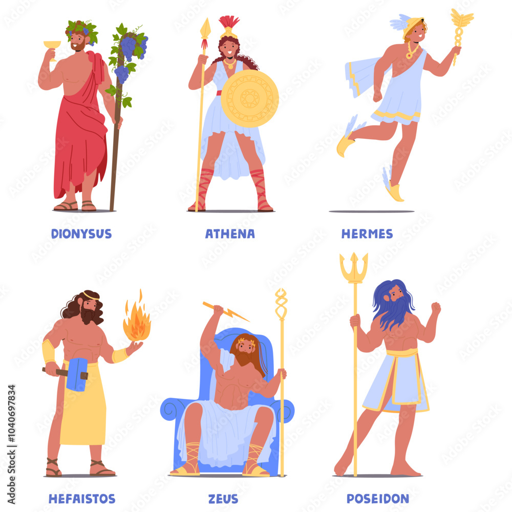 Ancient Greek Deity Characters Including Zeus, Poseidon, Athena, Dionysus, Hermes and Hephaestus Showcasing Mythology Ancient Greek Deity Characters Including Zeus, Poseidon, Athena, Dionysus, Hermes and Hephaestus Showcasing Mythology