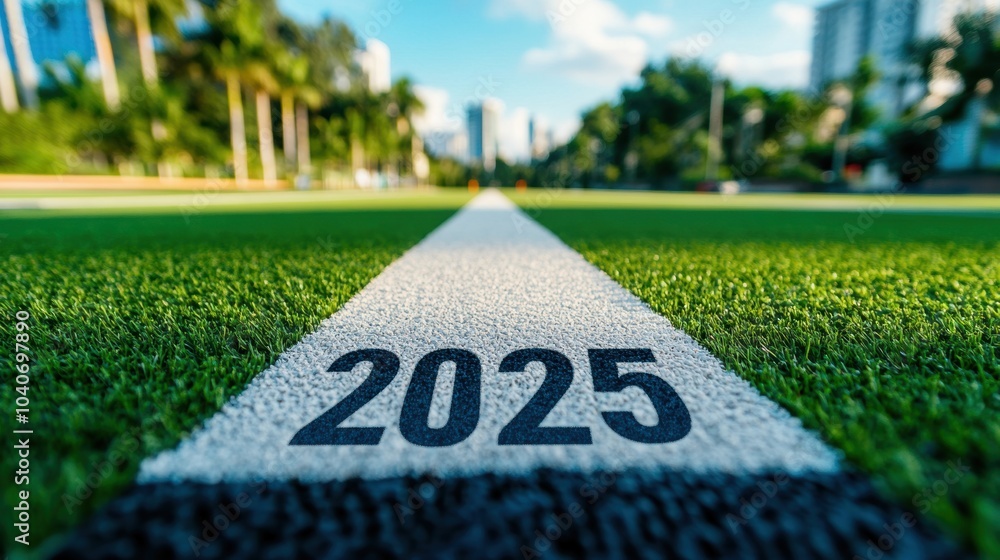 Obraz premium 2025 number on a running track, urban skyline in the background