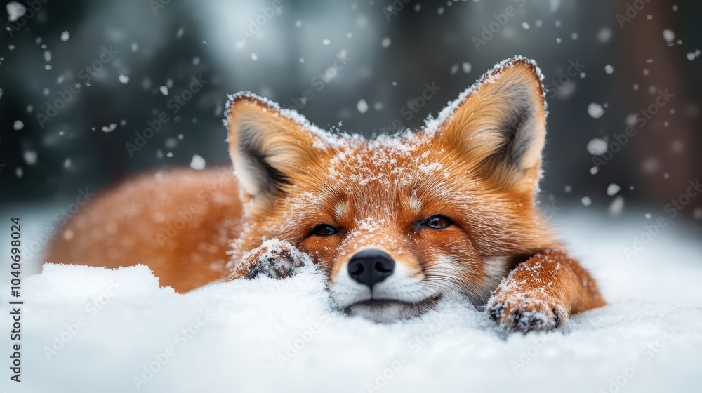 A serene fox lazily rests on the snow as delicate snowflakes fall, highlighting its rich orange fur. The image beautifully captures winter tranquility and wildlife grace. A serene fox lazily rests on the snow as delicate snowflakes fall, highlighting its rich orange fur. The image beautifully captures winter tranquility and wildlife grace.