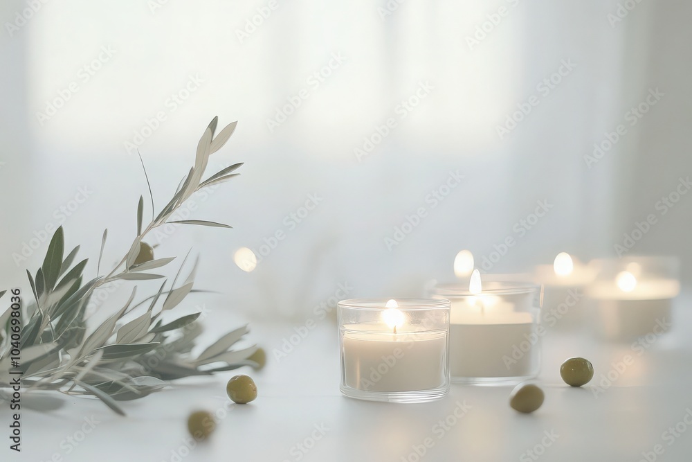 Scented candles and a sprig of olive branches on a white surface. Scented candles and a sprig of olive branches on a white surface.