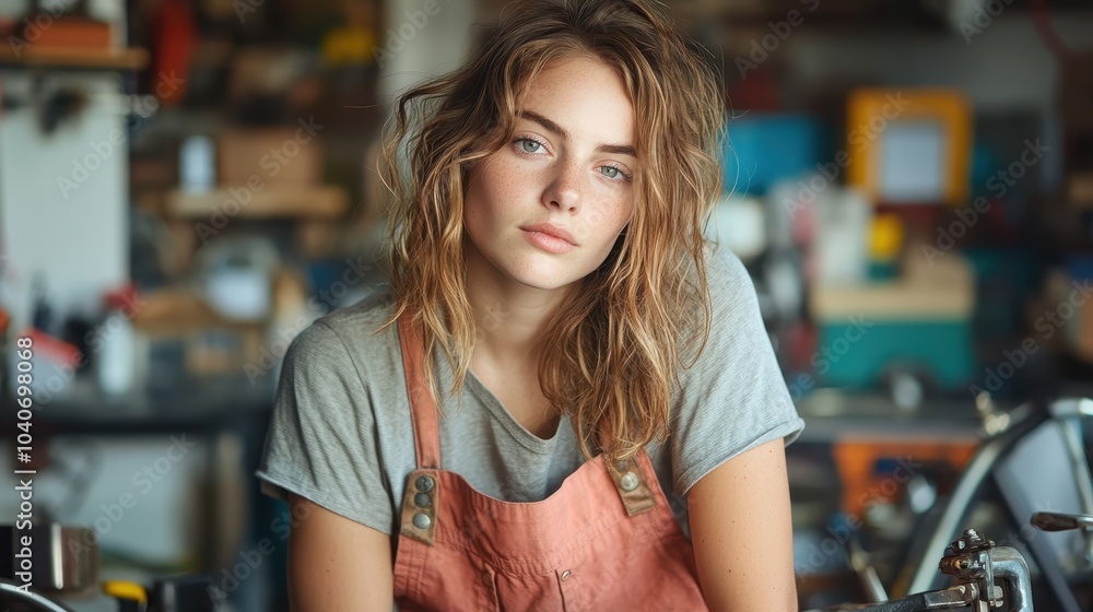 A focused woman with casual hairstyle and orange apron works intently amidst tools and machinery in a workshop, expressing dedication and creativity in her craft. A focused woman with casual hairstyle and orange apron works intently amidst tools and machinery in a workshop, expressing dedication and creativity in her craft.