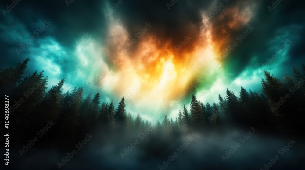 A fiery sky of orange and blue hues lights a dramatic forest scene, filled with towering trees and a mysterious mist that shrouds the ground, evoking awe and wonder. A fiery sky of orange and blue hues lights a dramatic forest scene, filled with towering trees and a mysterious mist that shrouds the ground, evoking awe and wonder.