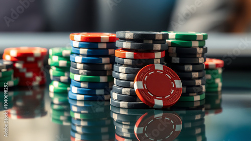 Pokerchips in verschiedenen Farben auf einem Tisch gestapelt