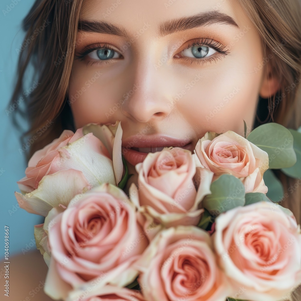 Flowers delivery, woman with bouquet, beautiful roses, floral celebration, light blue background Flowers delivery, woman with bouquet, beautiful roses, floral celebration, light blue background