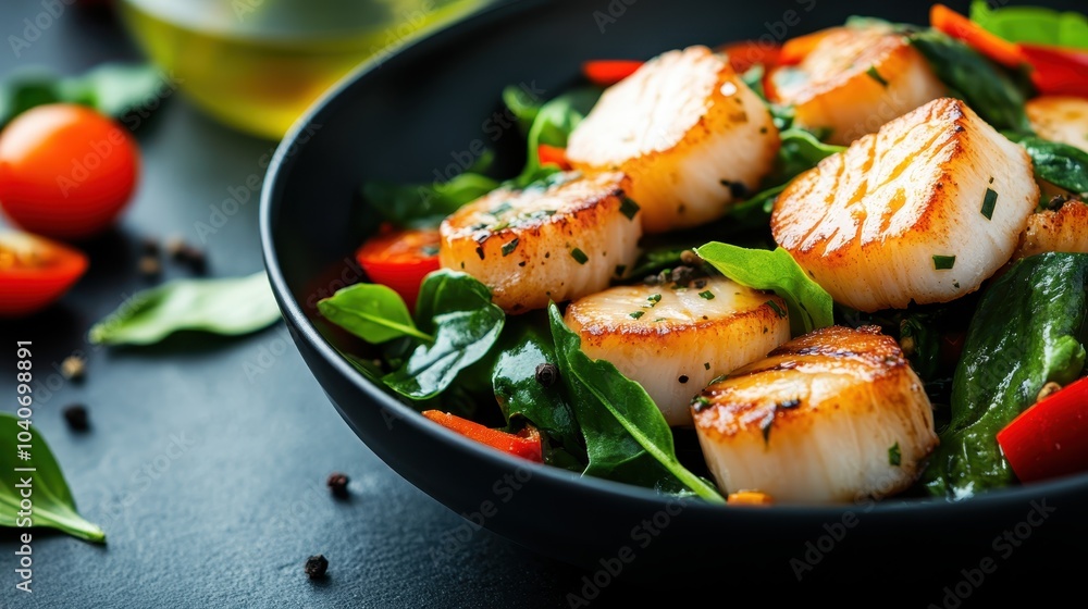 An artfully crafted dish featuring seared scallops with fresh ingredients including vibrant vegetables, offering a picturesque culinary display that promises rich flavors. An artfully crafted dish featuring seared scallops with fresh ingredients including vibrant vegetables, offering a picturesque culinary display that promises rich flavors.