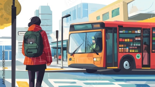 A young woman walks towards a city bus, ready for her commute.